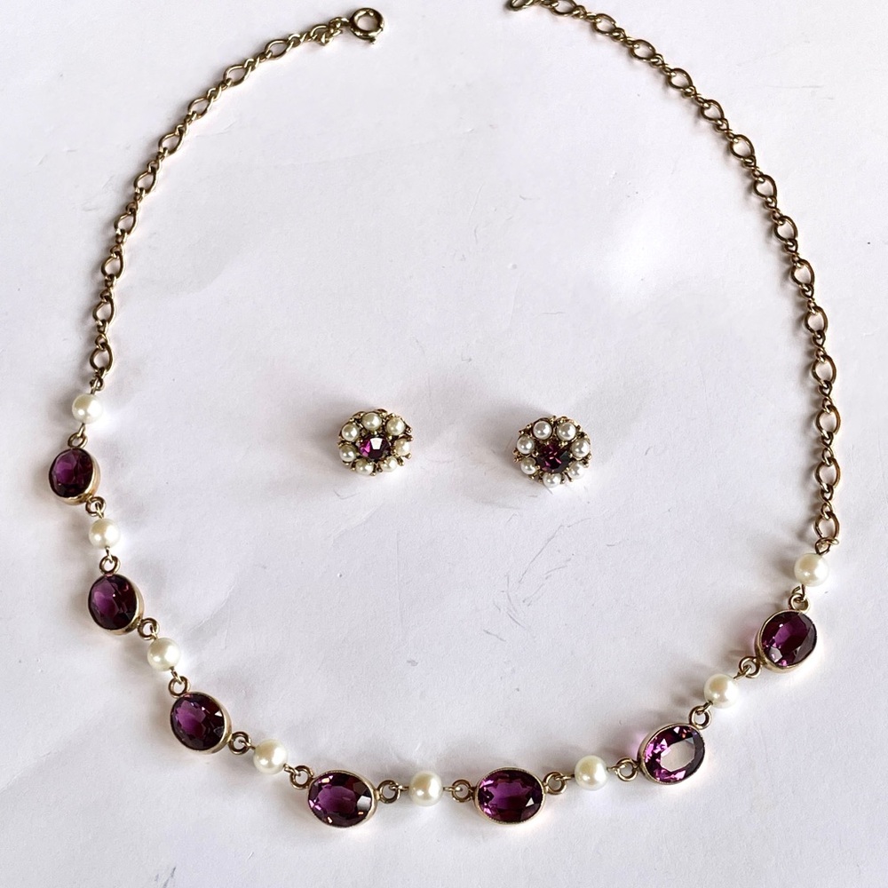 Gold Filled 12kt Amethyst and Pearls Necklace with earrings vintage